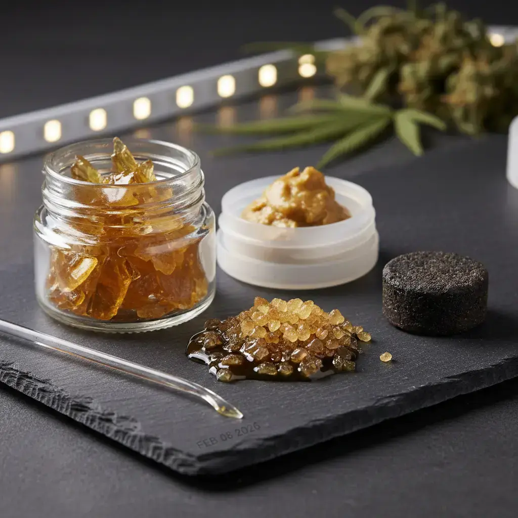 Glass jar of honey-colored resin, creamy wax, and granular crumble next to cannabis flower