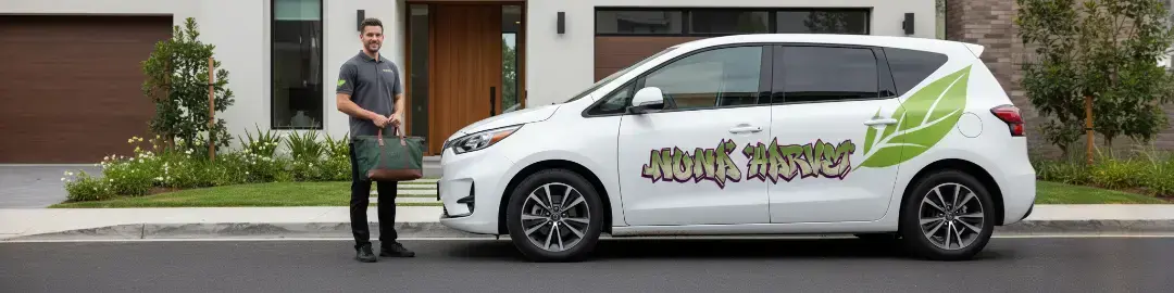 white van with the name "Nuna Harves" printed on its side, in a graffiti-style font. A man in a company uniform is standing next to the vehicle.