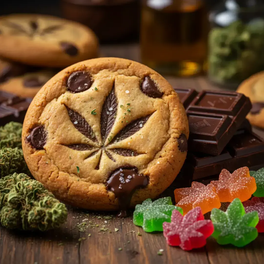 a rich chocolate, chips, a glistening gummy sorrounded with canabis bud