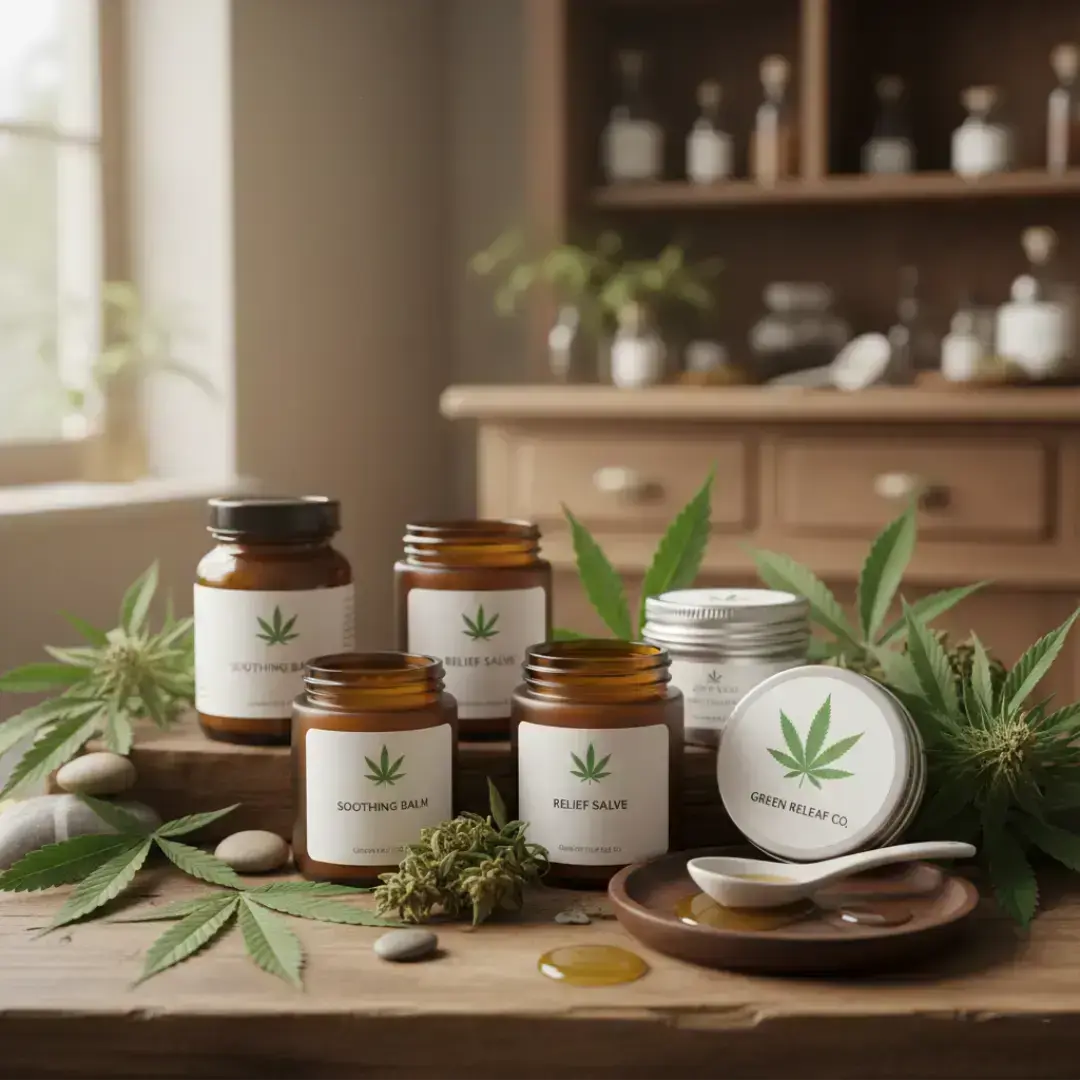 amber jars of salves and balms among raw cannabis leaves