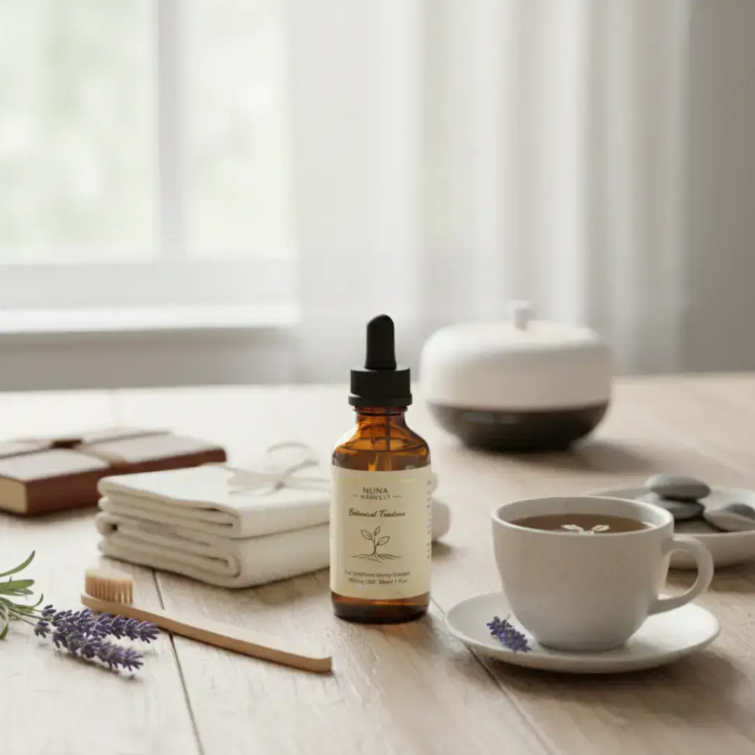 tincture bottle placed next to everyday wellness items