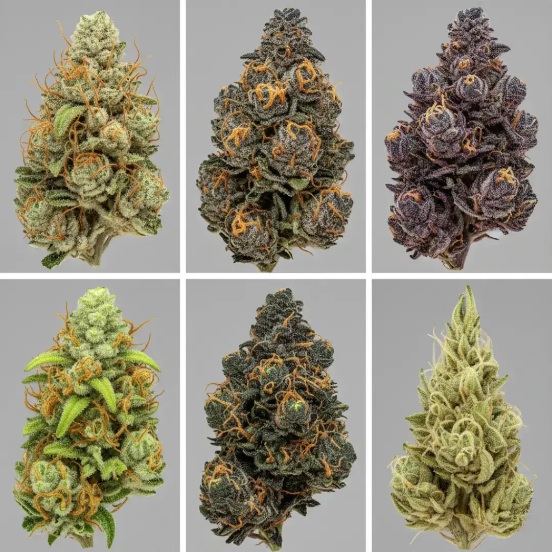 image that visually represents Sativa, Indica, and Hybrid categories,