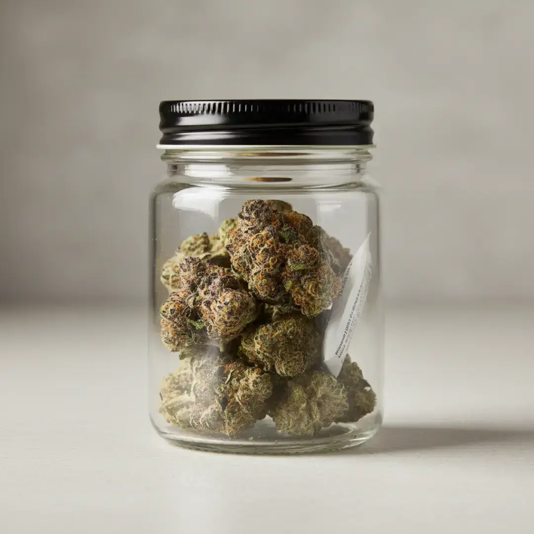 High-quality flower neatly displayed in a clean, clear, airtight glass jar
