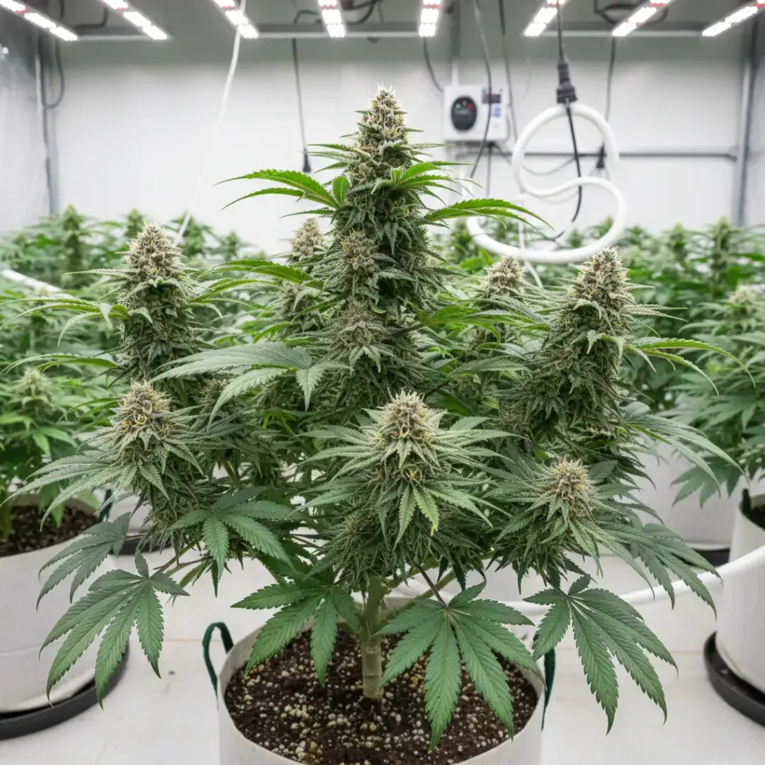 a healthy, vibrant cannabis plant in a controlled, professional indoor grow environment