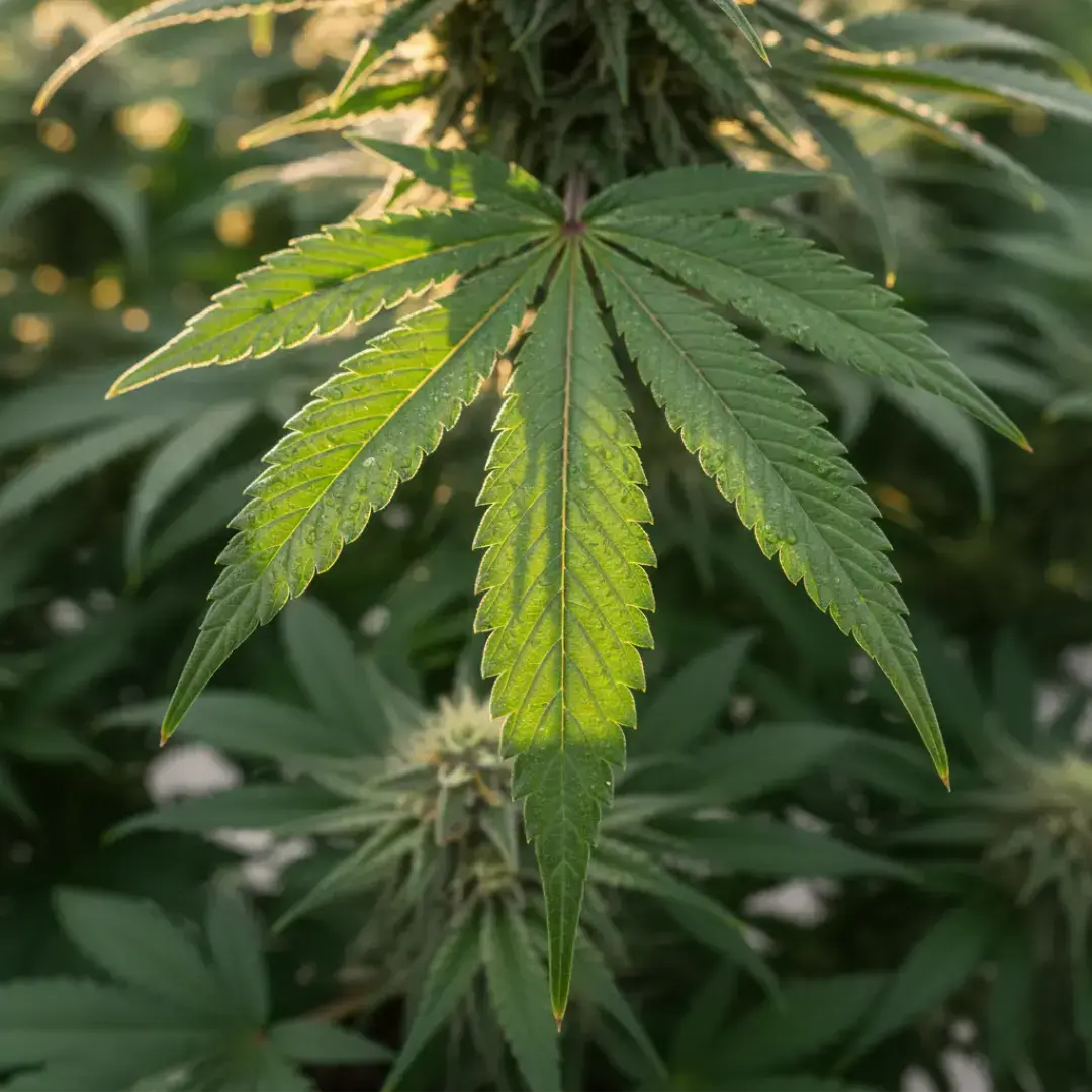 a cannabis leaf with sunlight filtering through it