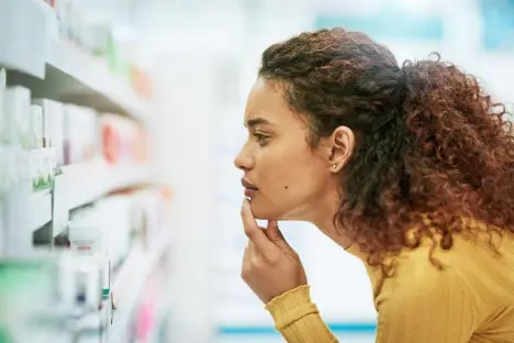 A woman with curly hair looking thoughtfully at products on a shelf in a brightly lit pharmacy or retail store.