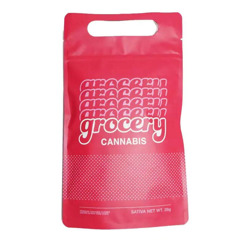 A vivid red stand-up pouch with white text that reads "GROCERY" stacked repeatedly in an blocky, repeating pattern.
