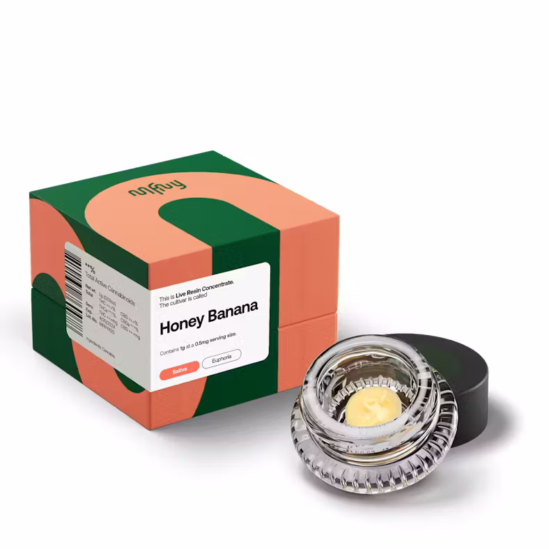 Product packaging featuring an orange circle and an avocado-like green shape, next to an open glass jar containing yellow-green concentrate.