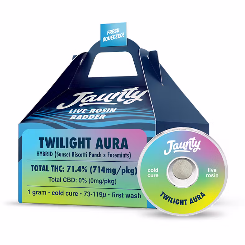 Blue hexagonal-shaped product packaging with "Jaunty" logo and "Live Rosin Jam" text, alongside a clear plastic container with a green round lid that reads "Jaunty Twilight Aura."
