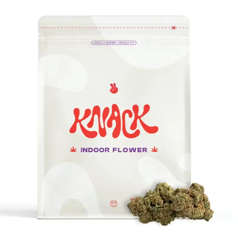 A white stand-up pouch with red "KNACK" branding and a red arrow, shown standing on a plain white background.