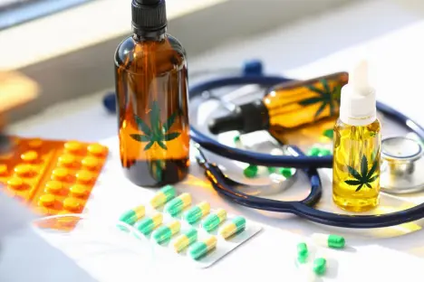A brown glass tincture bottle with a cannabis leaf icon, a yellow oil dropper, a stethoscope, and various blister packs of pills on a white surface.