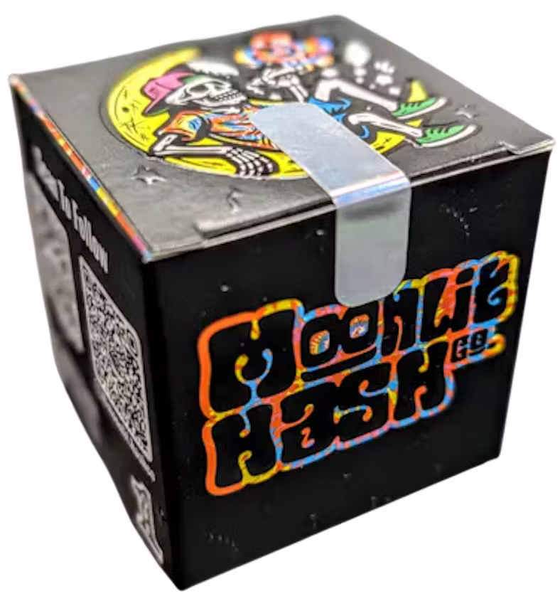 A large black and orange container with "MoonLit Hash" branding and graphic details on a white background.