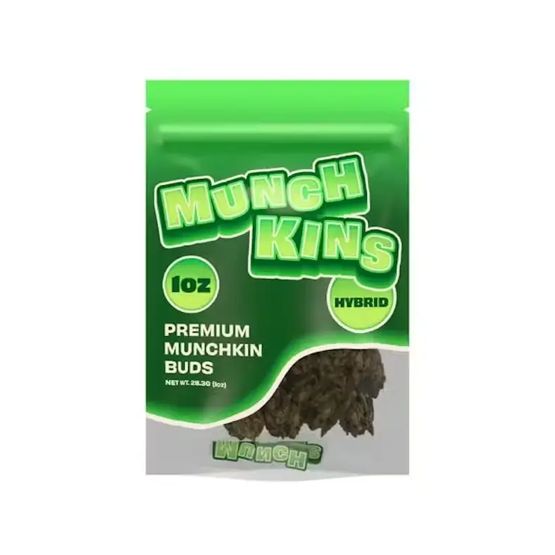 A bright green stand-up pouch with a clear window near the bottom, with cartoonish "Munchkins" branding across the front.