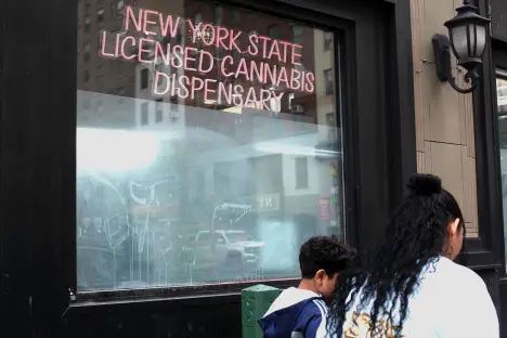 A street-level view of a storefront window with a neon sign that reads "New York State Licensed Cannabis Dispensary."