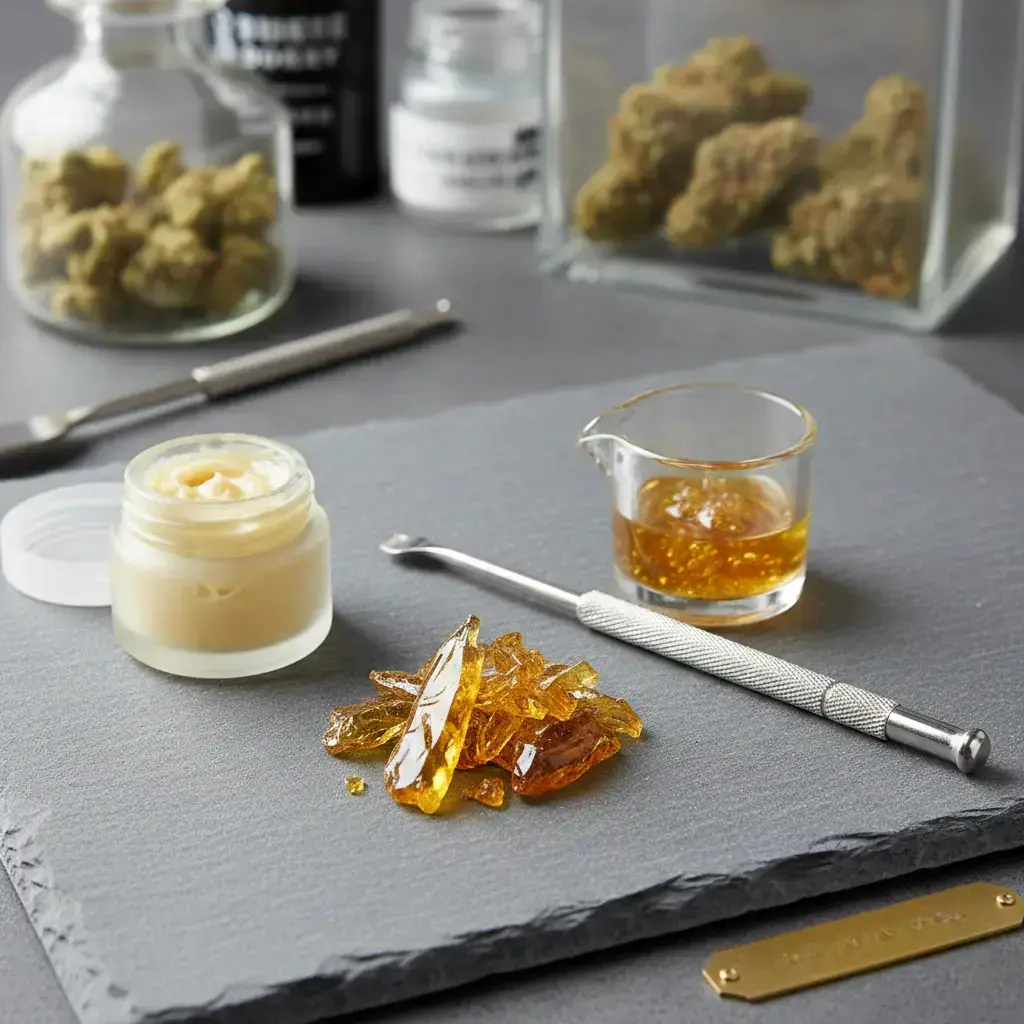 A white jar of budder, amber shatter pieces, and a dabbing tool on a grey slate.
