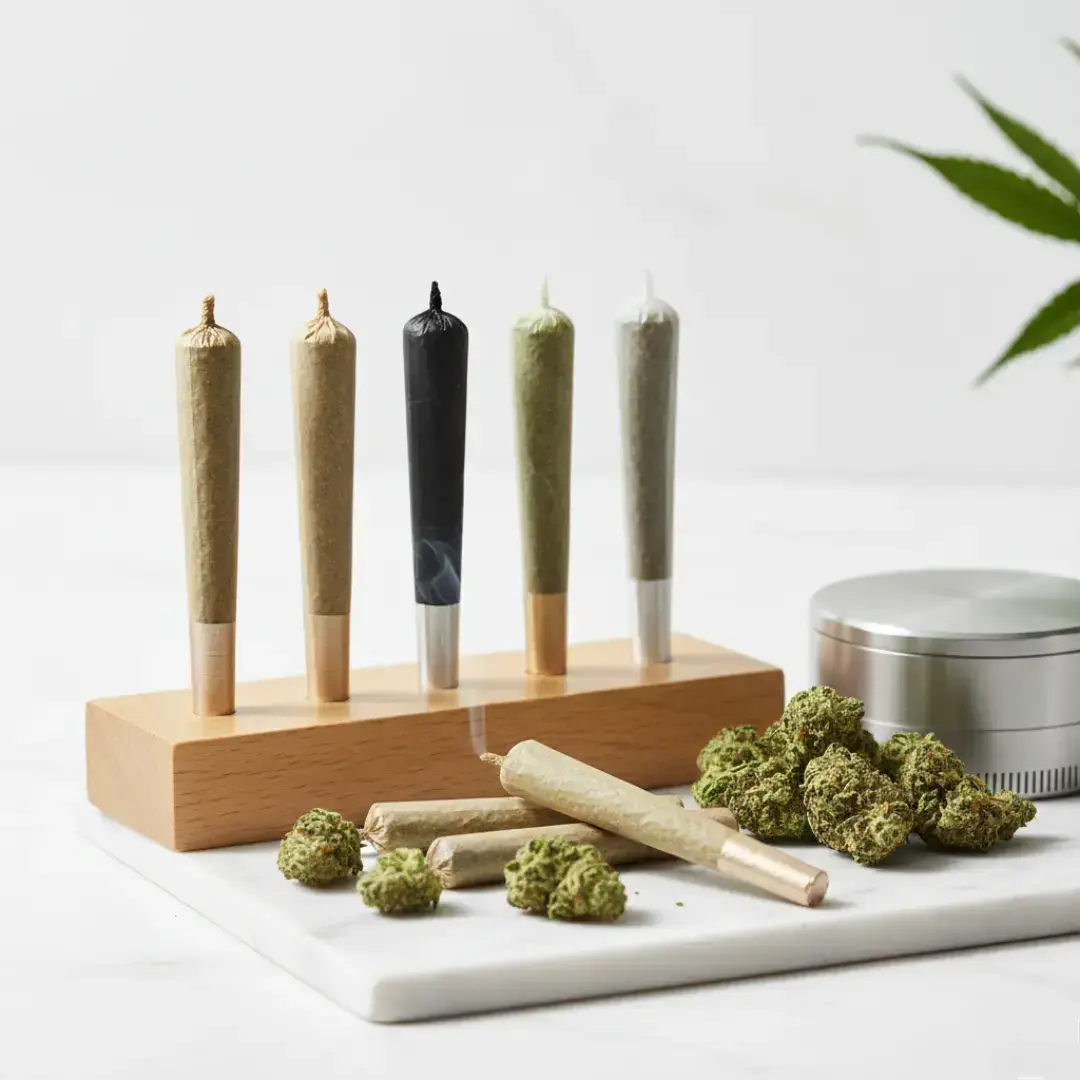 five upright pre-rolled joints in different shades (tan, black, green, and white) held in a wooden stand