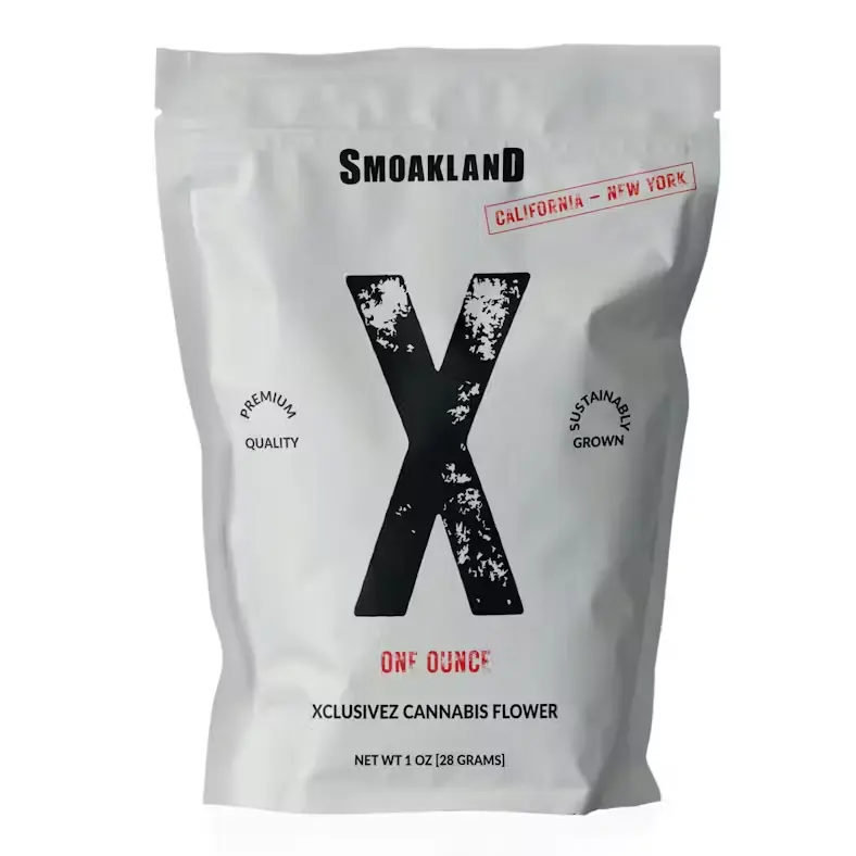 A white stand-up pouch featuring a large, stylized black "X" on the front with "SMOAKLAND" printed above it.