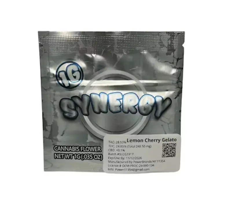 A metallic, holographic pouch with blue and white abstract designs and the word "SYNERGY" across the front in a stylized blue font.