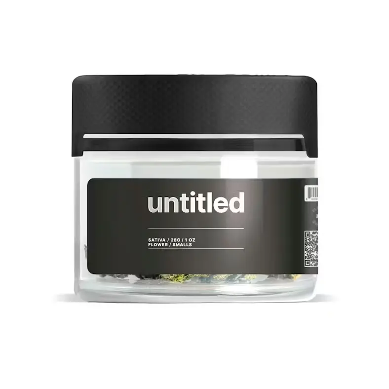 A clear glass jar with a black lid and a simple, black rectangular label on the front that has the word "untitled" printed in small white text.