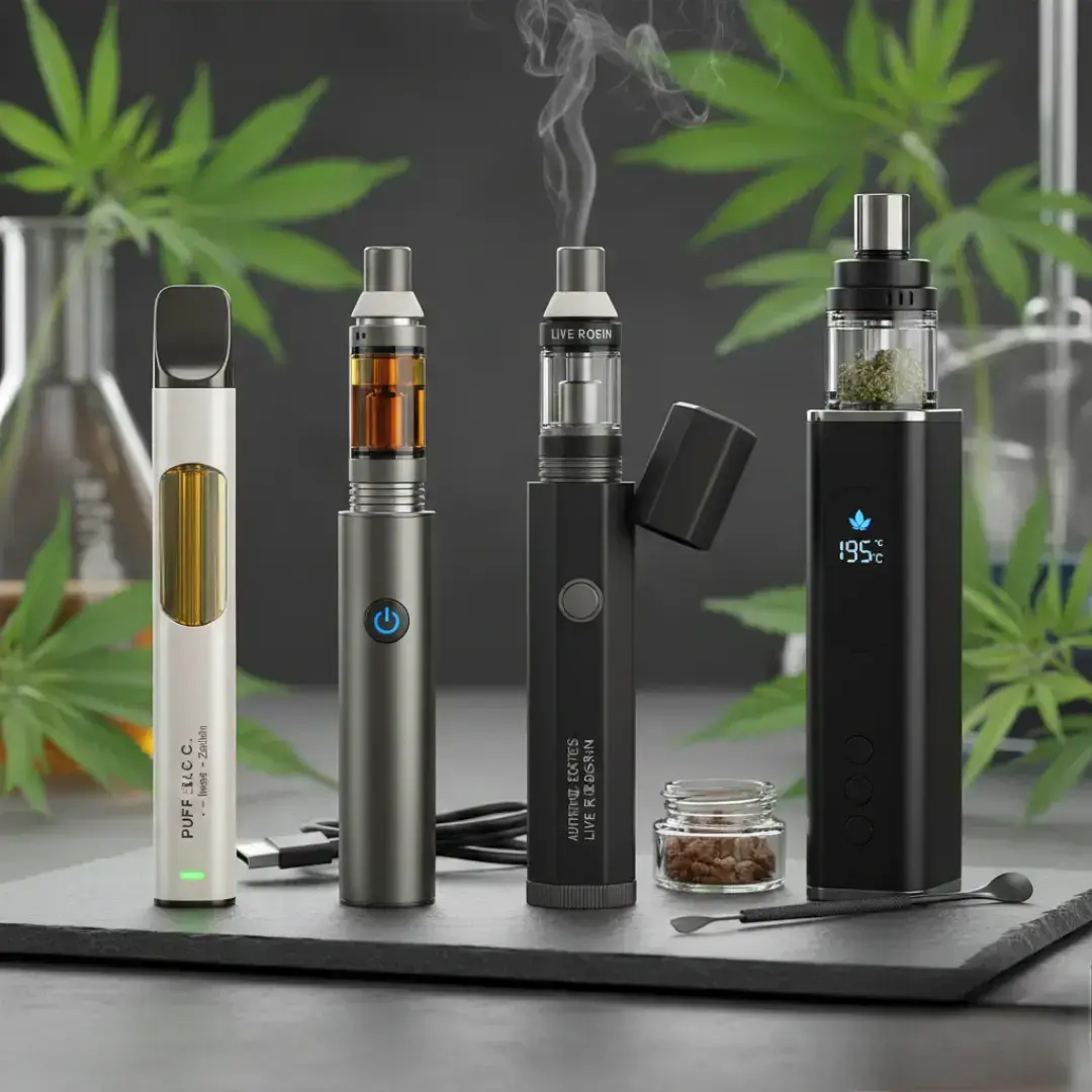 Various cannabis vaping hardware, ranging from slim pens to box-style mods, set against a backdrop of cannabis leaves.