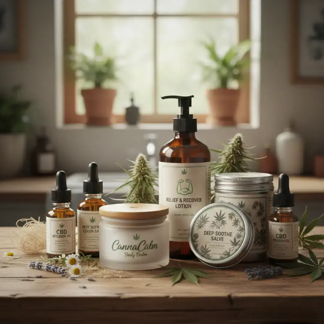 a wellness array including a pump lotion, body butter, and CBD tinctures accented with lavender