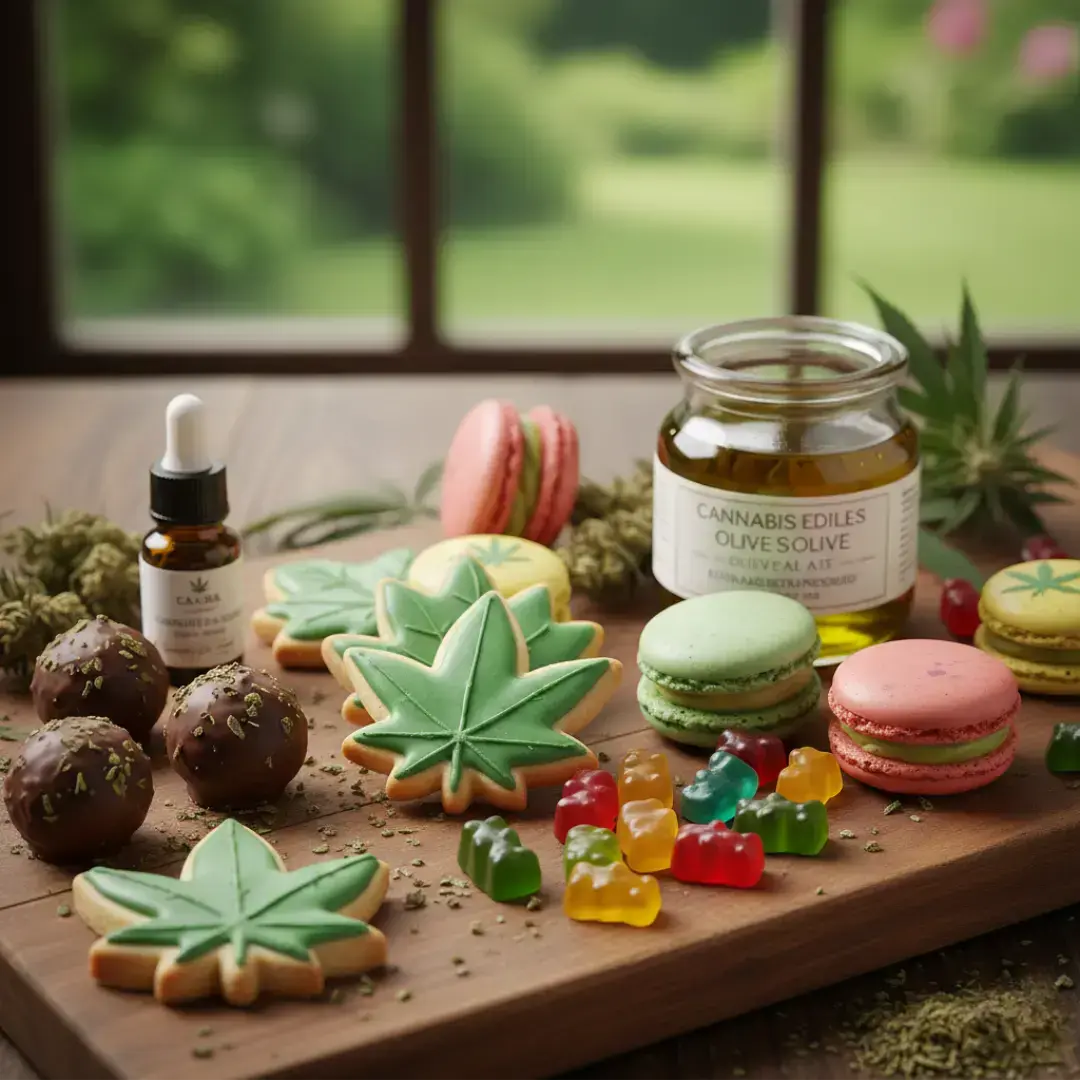 selection features vibrant macarons in pink and green, gummy bears in various colors, and several leaf-shaped cookies with green icing