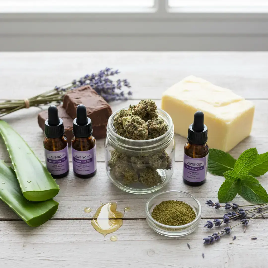natural, complementary ingredients often found in topicals, such as shea butter, cocoa butter, essential oils (lavender, peppermint), or aloe vera. with canabis