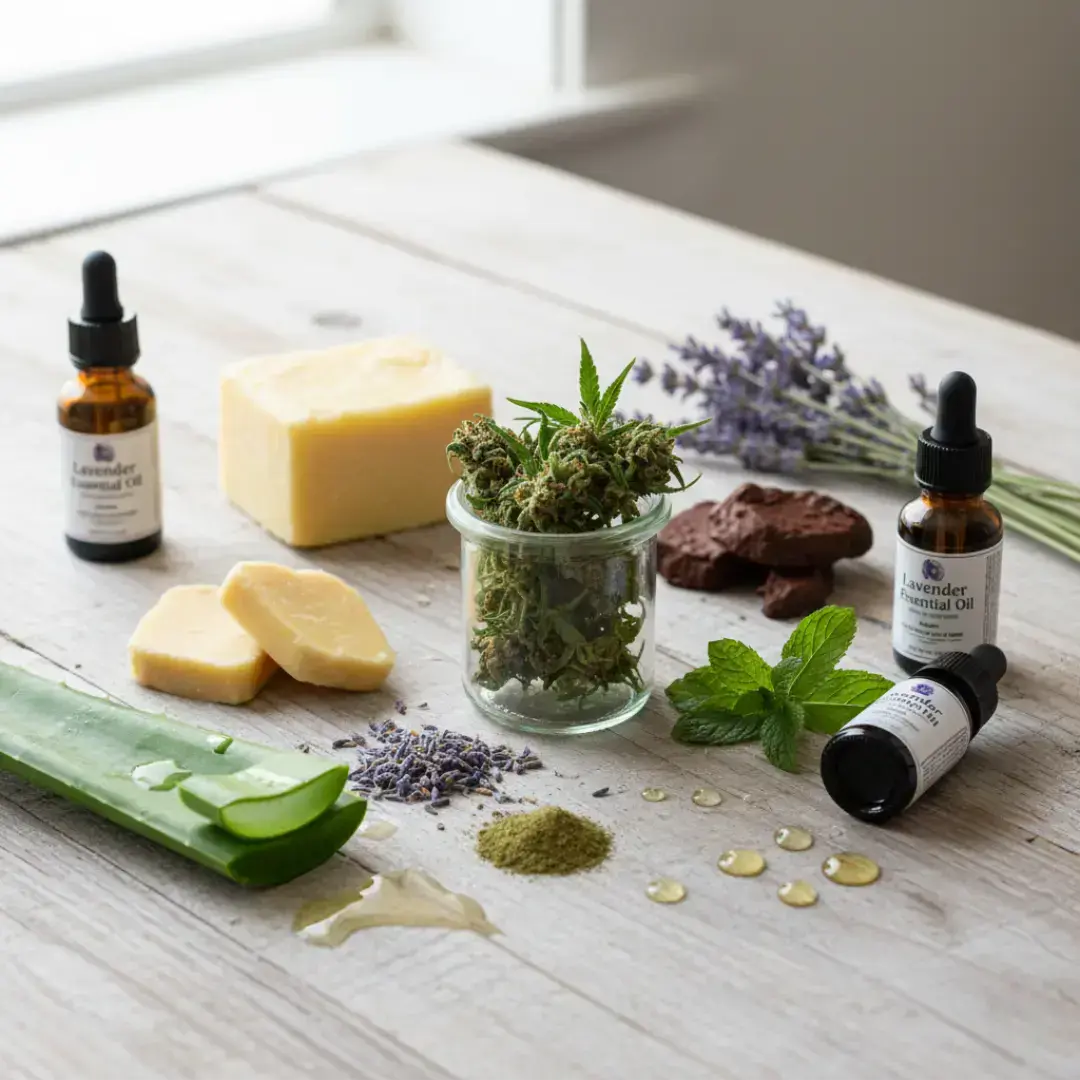 natural, complementary ingredients often found in topicals, such as shea butter, cocoa butter, essential oils (lavender, peppermint), or aloe vera. with canabis