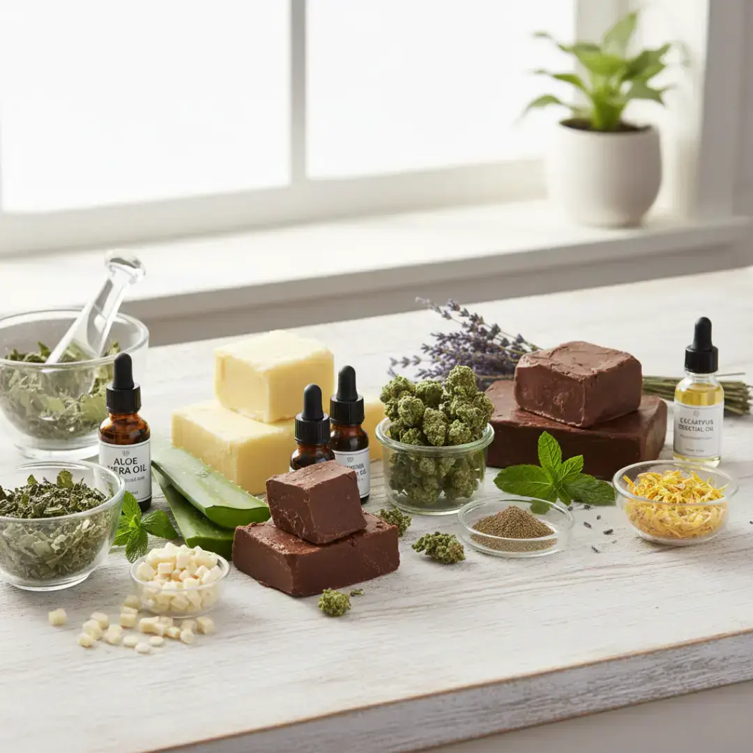 natural, complementary ingredients often found in topicals, such as shea butter, cocoa butter, essential oils (lavender, peppermint), or aloe vera. with canabis