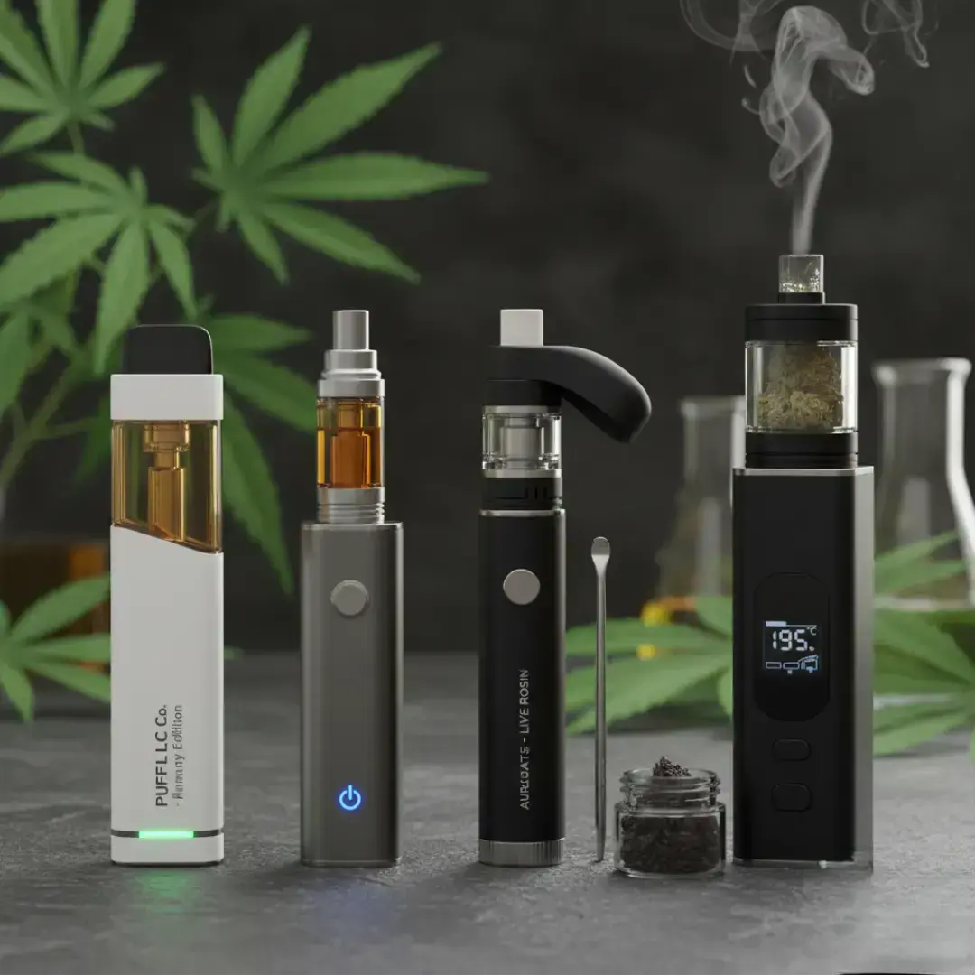 Various cannabis vaping hardware, ranging from slim pens to box-style mods, set against a backdrop of cannabis leaves.