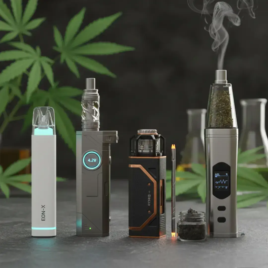 Various cannabis vaping hardware, ranging from slim pens to box-style mods, set against a backdrop of cannabis leaves.
